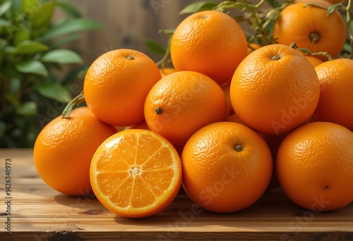 Ripe Oranges On A Wooden Table And Green Leaves In The Background