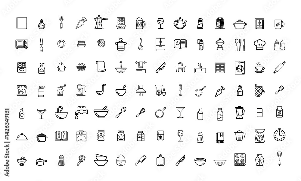 Set of black and white icons for kitchen, cooking, and food items illustration. Set of black and white icons for kitchen, cooking, and food items illustration.