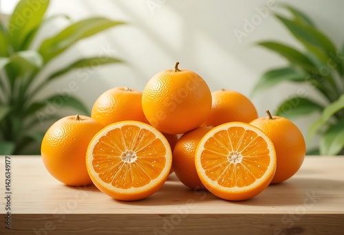 Ripe Oranges On A Wooden Table And Green Leaves In The Background