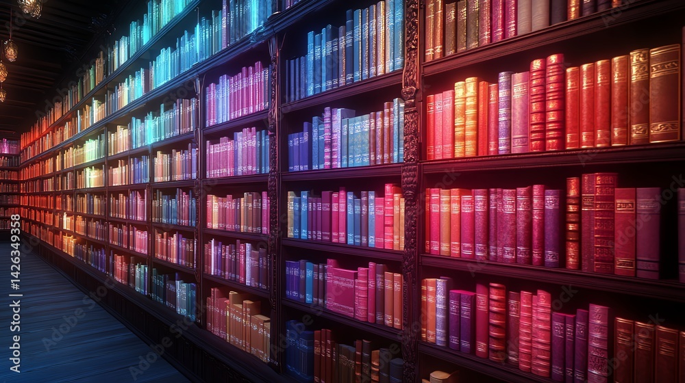 Neon-lit library corridor.  Bookshelves glow with vibrant pink and blue light.