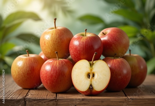 Fresh Red Apples On A Wooden Table With Green Leaves In The Background.