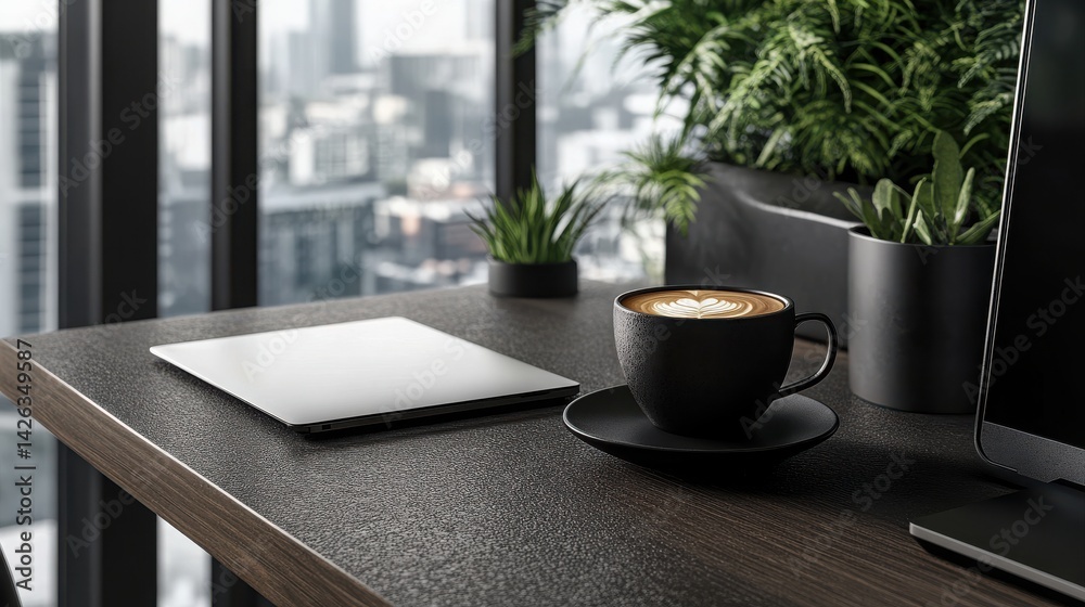 Obraz premium Sleek minimalist workspace, laptop and coffee cup on a textured grey desk, modern and aesthetic