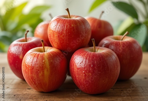 Fresh Red Apples On A Wooden Table With Green Leaves In The Background.