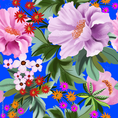 Seamless print with flowers and red or blue