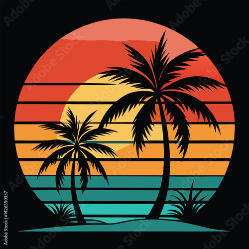 A tropical beach sunset silhouettes a lone figure near palm trees under a vibrant summer sky