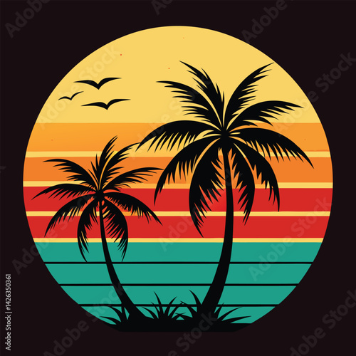 A tropical beach sunset silhouettes a lone figure near palm trees under a vibrant summer sky
