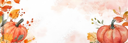 A watercolor painting of two pumpkins and leaves on a white background