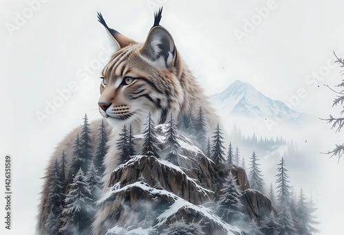 Double Exposure of Wild Spotted Lynx in Landscape

