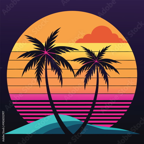 A tropical beach sunset silhouettes a lone figure near palm trees under a vibrant summer sky