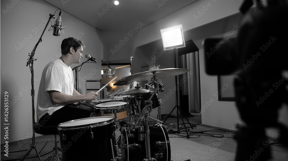 Drummer Recording in a Soundproof Studio for Music Production