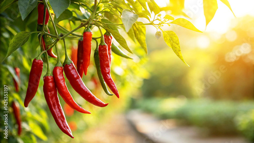 Fototapeta Naklejka Na Ścianę i Meble -  Red Chilies Plant in field, Red Chilli growing in field in natural Background Sunny Day time
