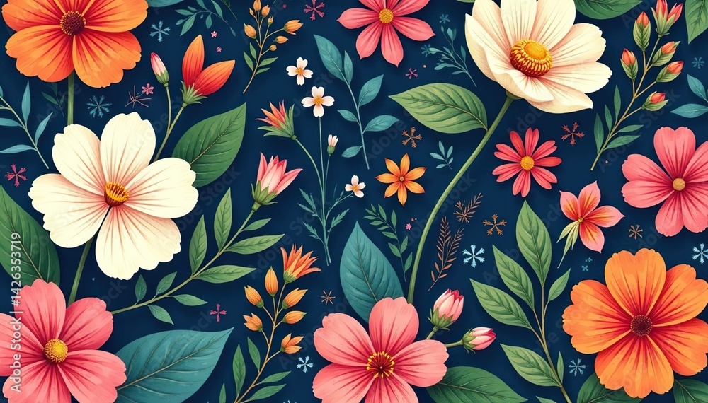 Seamless floral print with various blossoms and foliage , leaf, plant, pattern Seamless floral print with various blossoms and foliage , leaf, plant, pattern