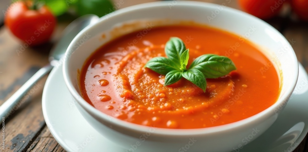 Creamy tomato soup in a white bowl with a sprig of fresh basil garnish on top , bowl, food Creamy tomato soup in a white bowl with a sprig of fresh basil garnish on top , bowl, food