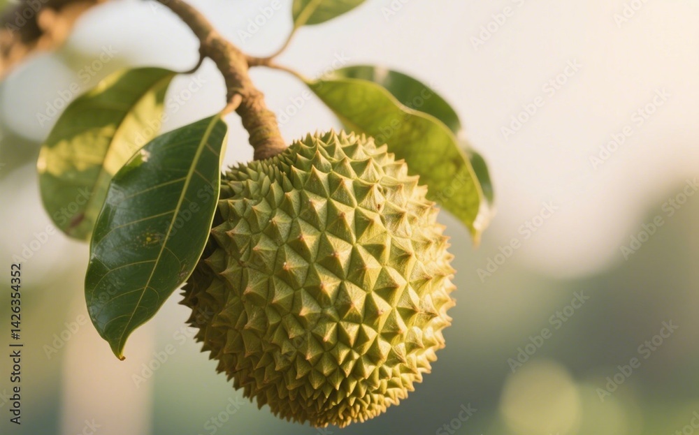 Green durian fruit with the stem still attached Green durian fruit with the stem still attached