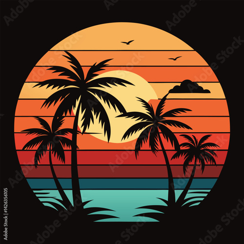 A tropical beach sunset silhouettes a lone figure near palm trees under a vibrant summer sky