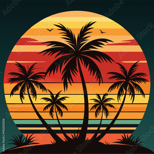 A tropical beach sunset silhouettes a lone figure near palm trees under a vibrant summer sky