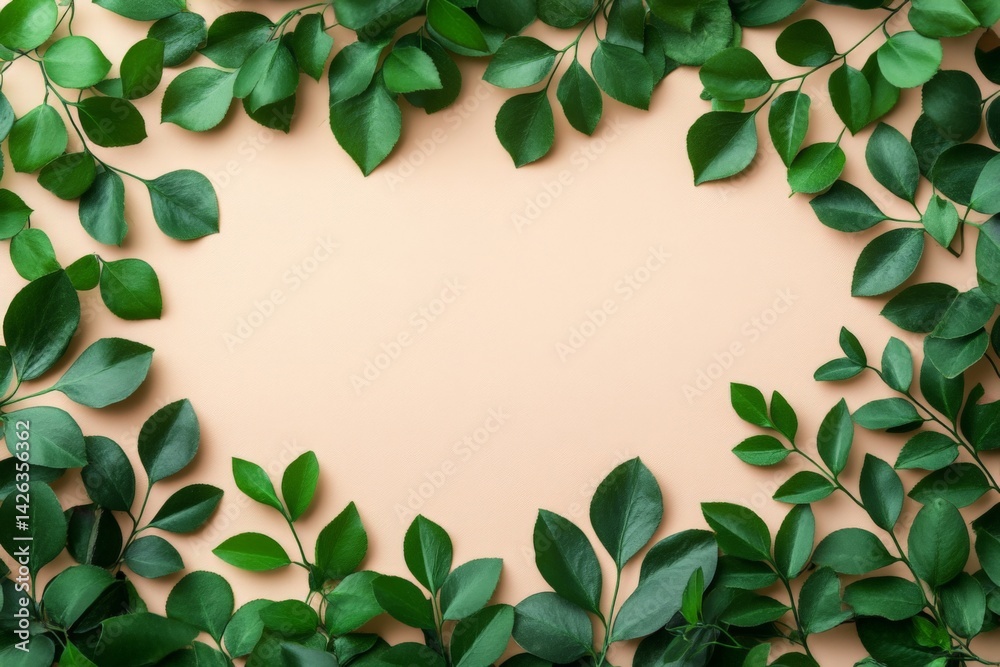 Fototapeta premium Fresh green leaves arranged artistically on a light beige background during daylight hours