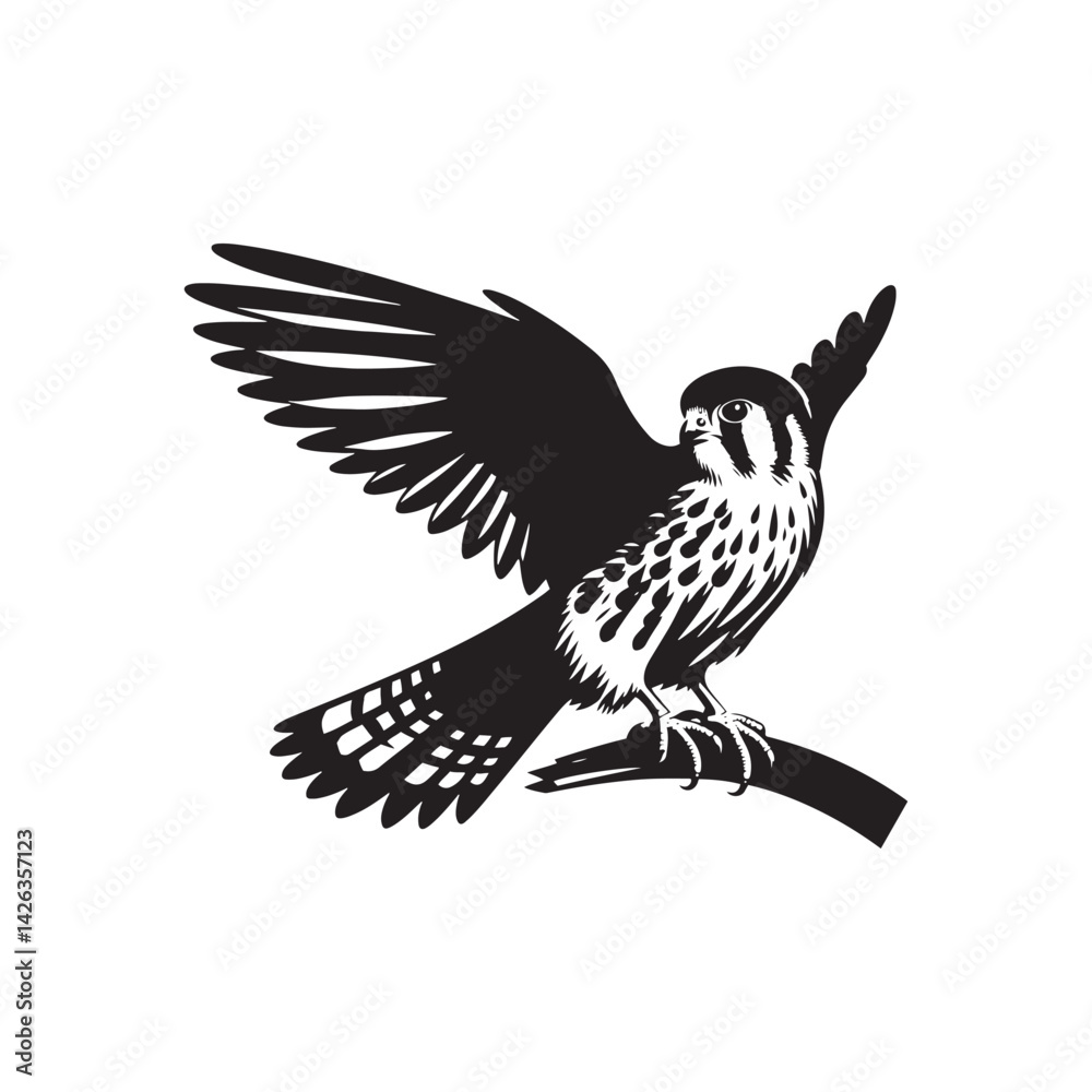Obraz premium Sleek American Kestrel Silhouette Vector: Dynamic Bird of Prey Design Perfect for Wildlife Art - Black and White American Kestrel Illustration.