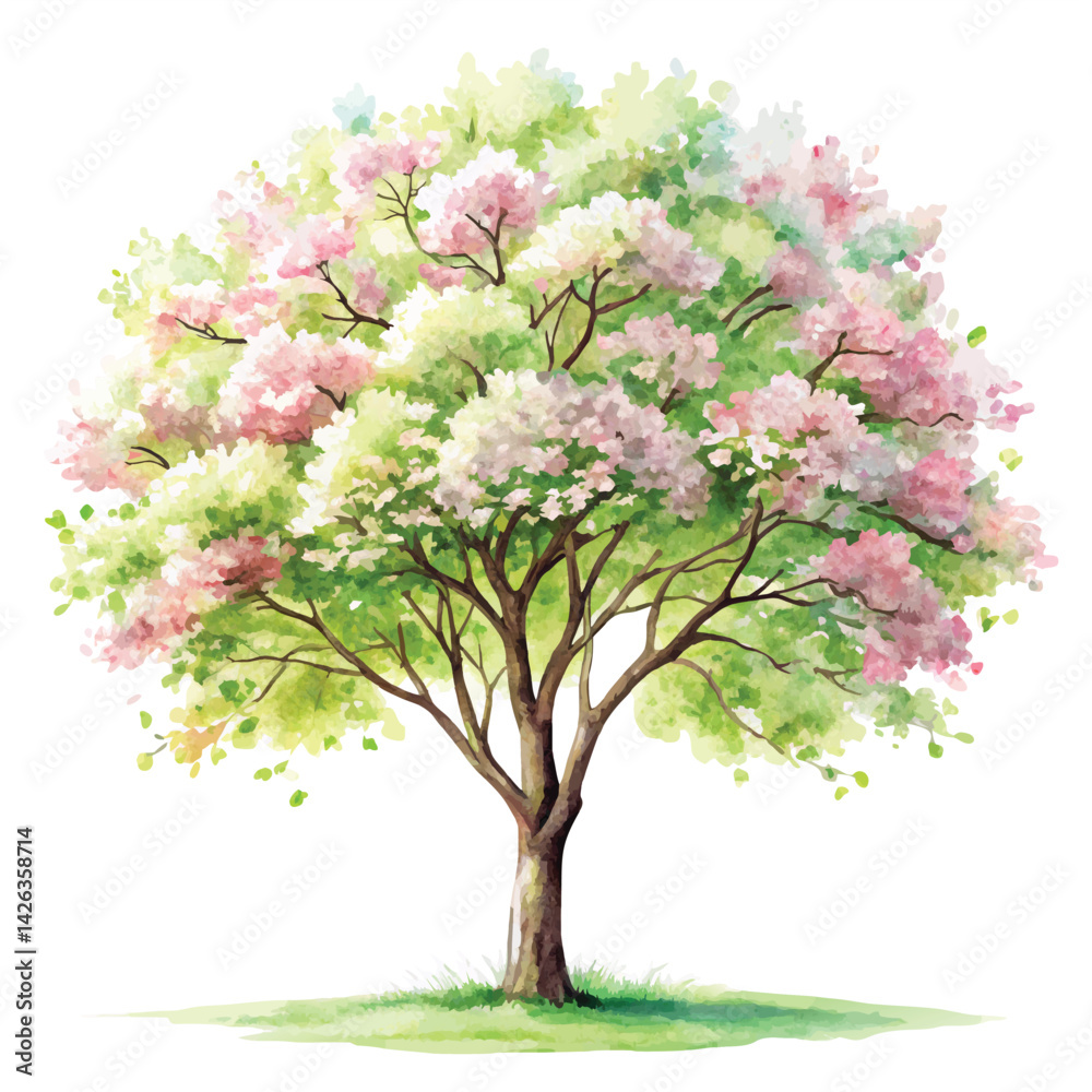 Fototapeta premium Watercolor blooming flower tree or forest side view isolated on white background for landscape