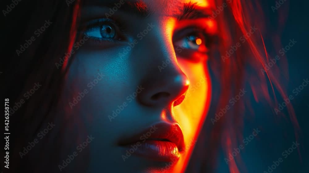 Close-up portrait of a young woman with striking features illuminated by colorful light