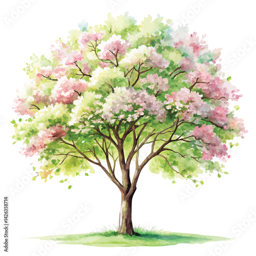 Watercolor blooming flower tree or forest side view isolated on white background for landscape
