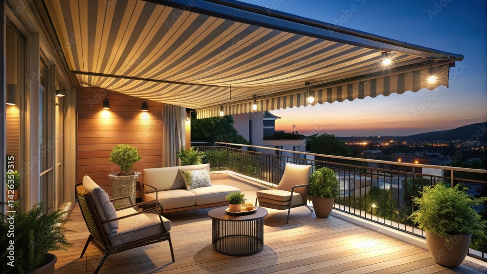 Warmly lit balcony with retractable awnings and soft lighting creating a serene evening ambiance for relaxation and peacefulness , relaxation, soft light Warmly lit balcony with retractable awnings and soft lighting creating a serene evening ambiance for relaxation and peacefulness , relaxation, soft light