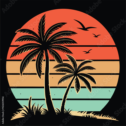 A tropical beach sunset silhouettes a lone figure near palm trees under a vibrant summer sky