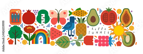 Summer. Nature. Vector illustration of sun, sardine, fish, kiwi, pineapple. flower, pomegranate, birch, tree, bird seagull, tomato, butterfly, raspberry, leaf, strawberry, rainbow, avocado, papaya
