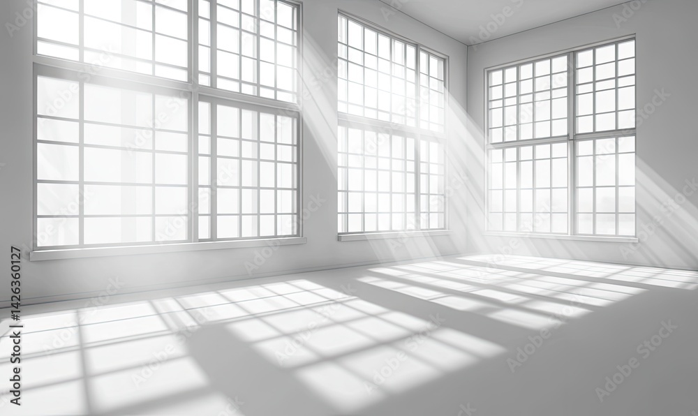 Sunbeams illuminate an empty, white room with large windows, casting shadows on the floor Sunbeams illuminate an empty, white room with large windows, casting shadows on the floor