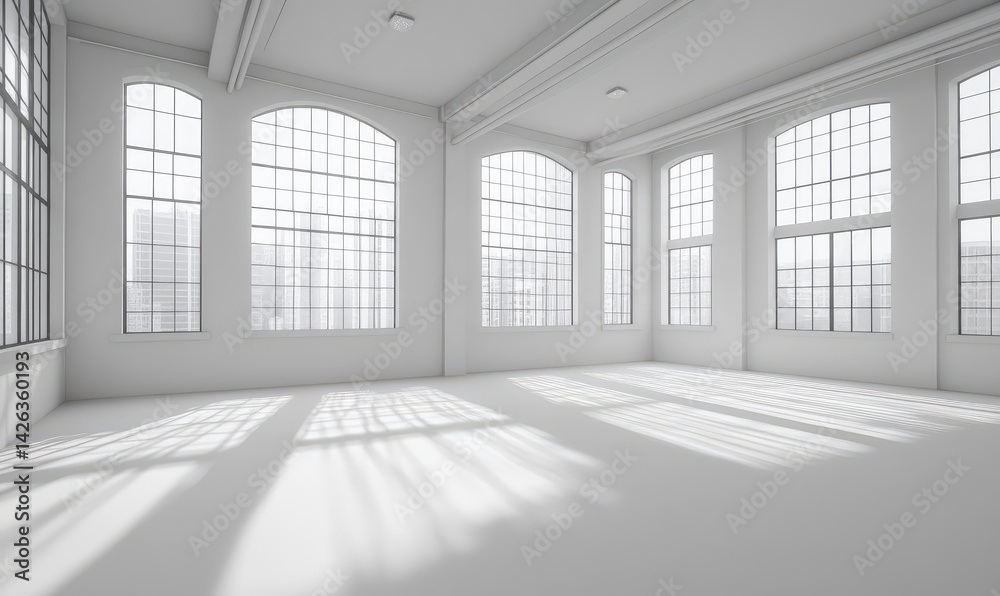 Sunlit, expansive white room with tall arched windows, showcasing minimalist design and abundant natural light Sunlit, expansive white room with tall arched windows, showcasing minimalist design and abundant natural light