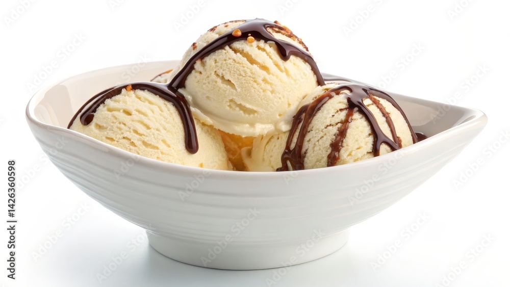 Ice cream scoops, vanilla flavor, chocolate drizzle, white ceramic bowl, creamy texture, smooth surface, dessert photography, high contrast, isolated on white background, appetizing, gourmet Ice cream scoops, vanilla flavor, chocolate drizzle, white ceramic bowl, creamy texture, smooth surface, dessert photography, high contrast, isolated on white background, appetizing, gourmet