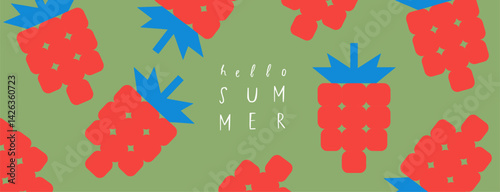 Hello summer. Vector geometric minimalistic abstract illustration of strawberry berries for green background, pattern, poster, banner or design