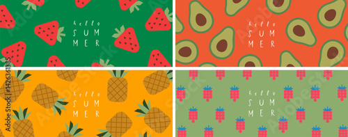 Hello summer. Summer vibe. Vector minimalistic abstract illustration of avocado, strawberry, raspberry, pineapple for background, textile, pattern, ornament, cover, poster, banner or design
