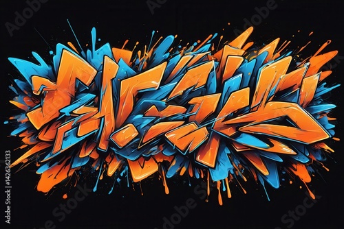 Orange and light blue wildstyle graffiti exploding on a black background photo