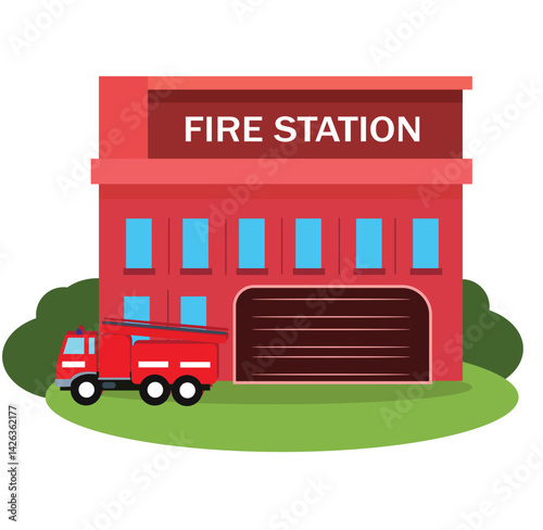 fire station building.Fire station building with fire truck