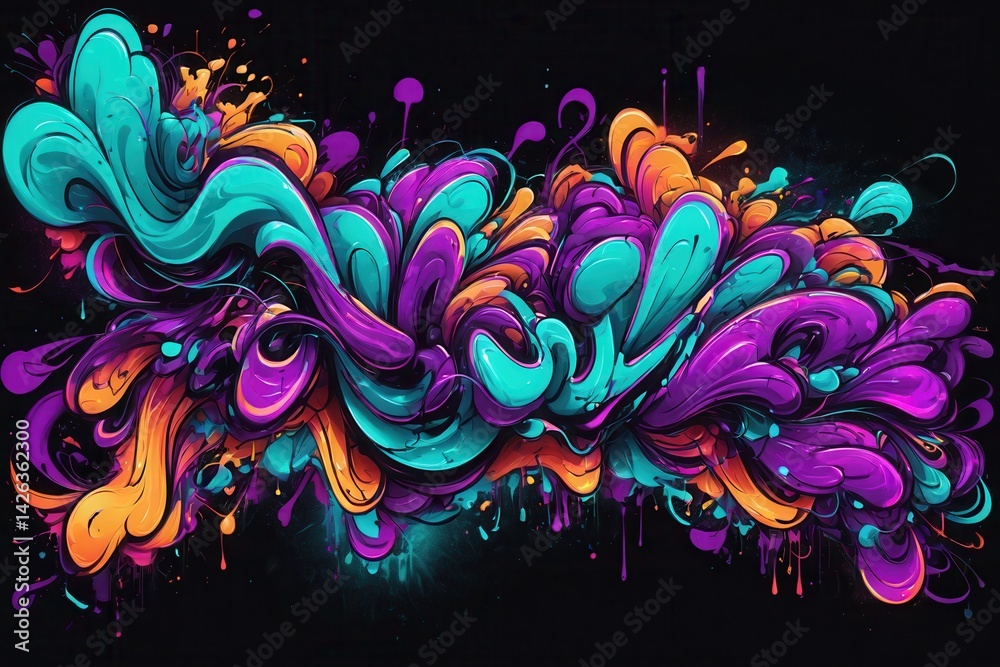 Orange, purple and turquoise liquid abstract shapes exploding and dripping on black background, forming a vibrant and dynamic composition