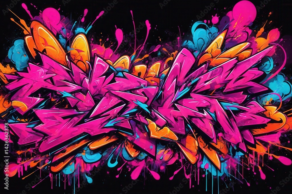 Colorful graffiti exploding with pink and orange splashes on a black background, perfect for urban and street art projects