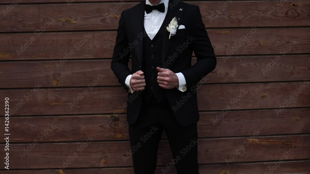 groom in a black suit with a boutonniere