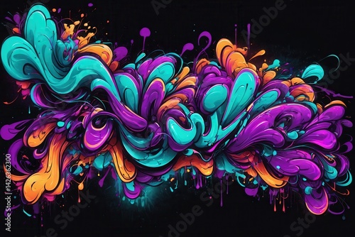 Obraz na płótnie Orange, purple and turquoise liquid abstract shapes exploding and dripping on black background, forming a vibrant and dynamic composition w salonie