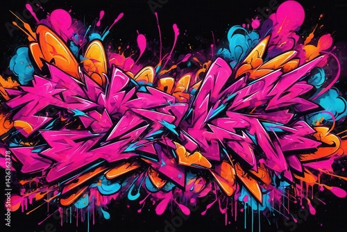 Obraz na płótnie Colorful graffiti exploding with pink and orange splashes on a black background, perfect for urban and street art projects w salonie