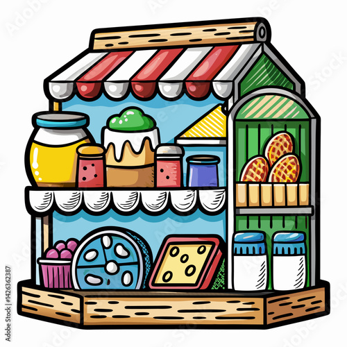 Hand Drawn Market Stall Illustration Featuring Baked Goods and Groceries