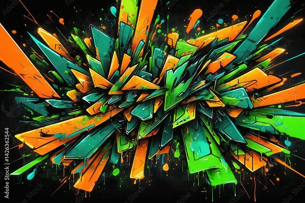 Vivid orange and green graffiti exploding with drips and dynamic shapes on a black background