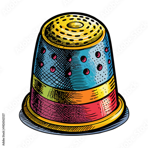 Colorful Vintage Sewing Thimble Sketch Detailed Art Illustration