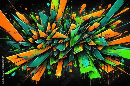 Obraz na płótnie Vivid orange and green graffiti exploding with drips and dynamic shapes on a black background w salonie