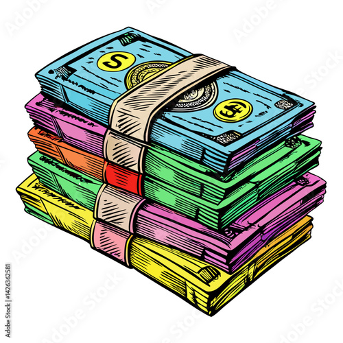 Colorful Stack of Money Illustrations Vibrant Hand Drawn Cash Bundle Design