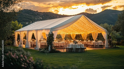 Elegant outdoor wedding tent reception at sunset.