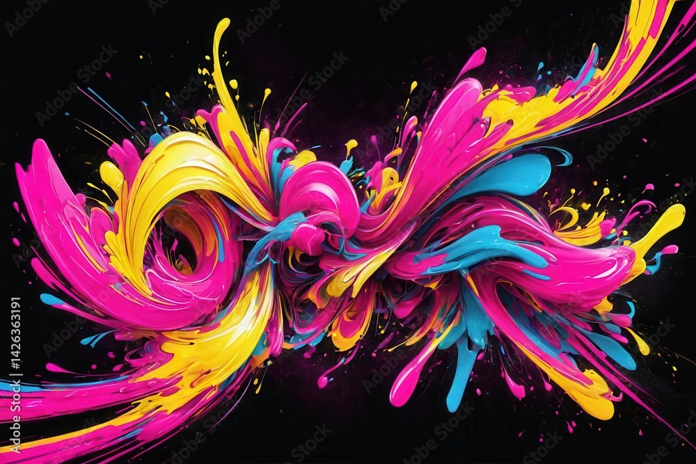 Bright swirling splashes of cyan, magenta, and yellow paint creating an abstract design against a black background