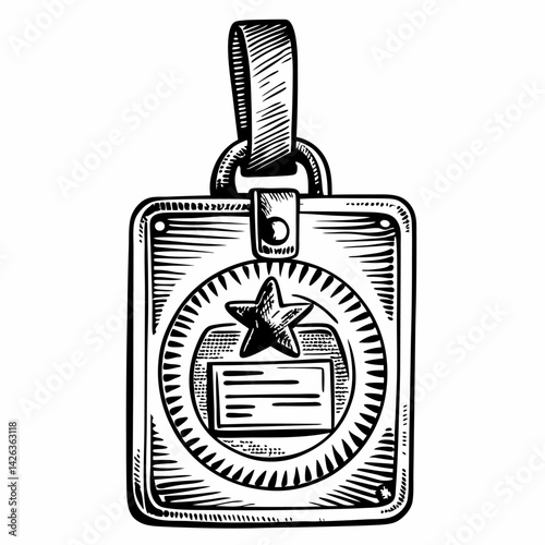 Vintage Leather Lanyard Badge with Star Emblem Hand Drawn Monochrome Illustration