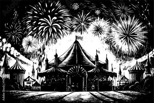 Vintage Circus Tent and Fireworks Illustration in Black and White