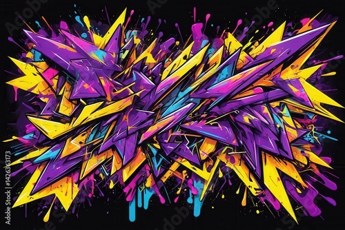 Dynamic graffiti art bursting with purple, yellow, and splashes of color on a black background, creating a vibrant and energetic visual experience photo